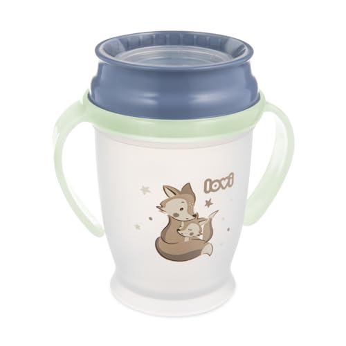 LOVI 360° Trinklernbecher Night&Day, Leuchtet im Dunkeln, Trinken wie aus einem Glas, ohne Verschütten, Antibakterieller Mundstückschutz, Ergonomische Griffe (Fox Blau)