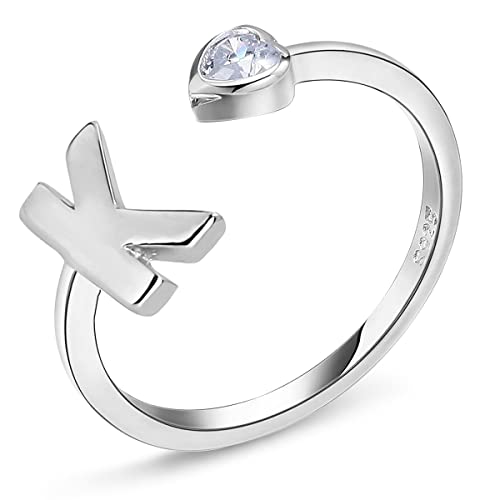 PEARLOVE 925 Sterling Silver Adjustable Initial Rings for Women A-Z Stackable Alphabet Rings