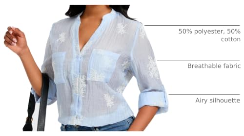 Women's Long Sleeve Sheer Floral Embroidered See Through Button Down Blouse Lightweight Boho V Neck Shirts X-Large YG010 Sky Blue XL — view 4