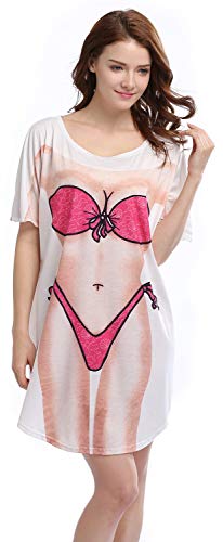 Bellady Women's Fun Wear Hot Pink Bikini Print Cover Up T-Shirt, White, Medium - Thumbnail 5