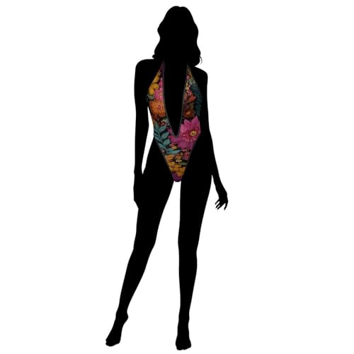 Women's Mesh One Piece Deep V-Neck Sling Shot Halter Monokini Bikini Floral Swimsuit Thong4