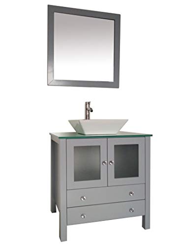 Kirao 30" Freestanding Wooden Modern Bathroom Vanity Ceramic Sink Vessel Set Bathroom Mirror Included (Grey) #TOP1