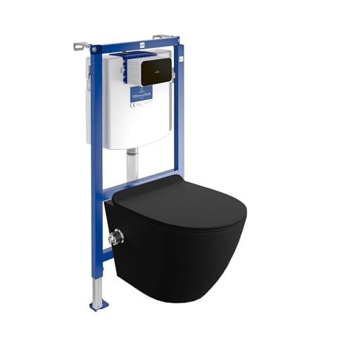 Villeroy & Boch ViConnect H112 Vorwandelement Unterputz WC mit Bedienplatte + Wand Hänge Tiefspül WC Salto Schwarz Spülrandlos + WC Sitz Komplettset Unterputz Spülkasten Toilette Komplett Sett WC