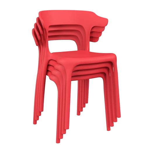 VECELO 4 Pack Plastic Stacking Chairs, Stackable Dining Chairs for Kitchen Restaurant Patio, Portable Indoor Outdoor Use, No Assembly Required, Red