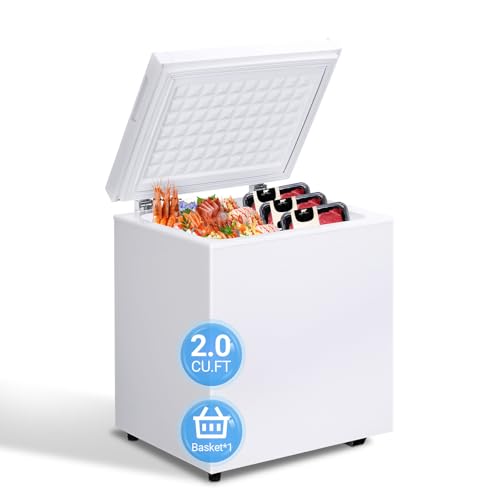 Erivess 2.0 Cu.Ft Chest Freezer - Compact Deep Freezer with Removable Basket, Energy Efficient & Quiet Top Door Design, Mini Freezer Adjustable 7 Thermostat, for Home, Apartment, Garage, Dorm (White)