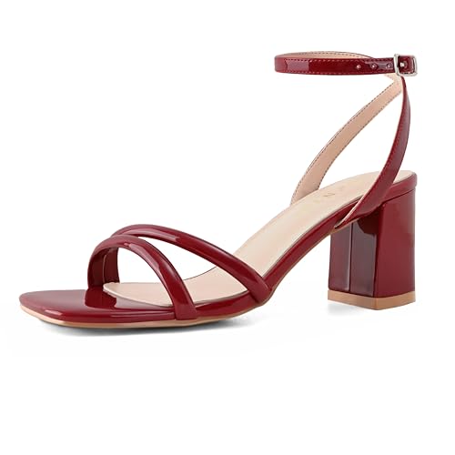 Image of Shoe'N Tale Strappy Heels for Women Square Toe Chunky Block Heels Ankle Buckle Heeled Sandals