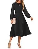 ZESICA Women's Fall Long Sleeve Dresses 2025 Casual Crewneck Chiffon Swing Pleated A Line Cocktail Party Midi Dress,Black,Large