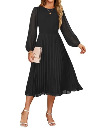 ZESICA Women's Fall Long Sleeve Dresses 2025 Casual Crewneck Chiffon Swing Pleated A Line Cocktail Party Midi Dress
