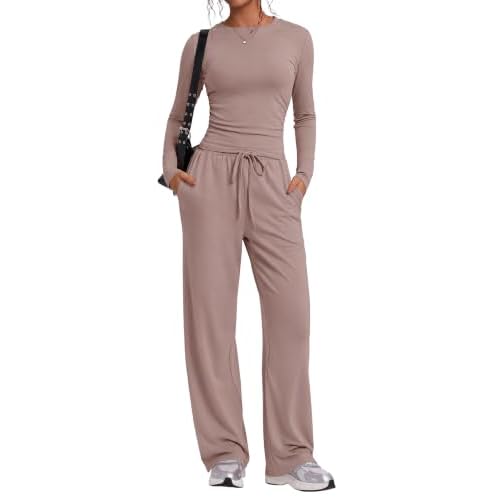 LOMON Women's 2 Piece Wide Leg Pants Matching Lounge Set Long Sleeve Top