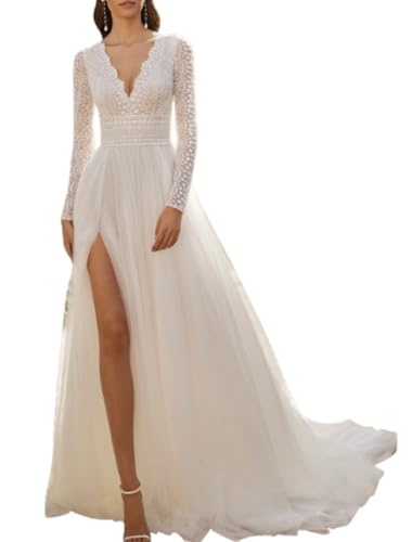 Noufany A-Line V Neck Lace Beach Wedding Dresses for Bride