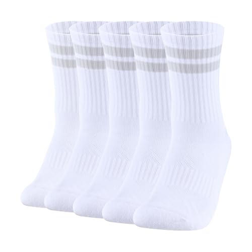YUEDGE Mens Socks Moisture Wicking Striped White Cotton Cushioned Crew Socks Tall Gym Tennis Training Athletic Socks For Men Size 9-11, 5 Pairs