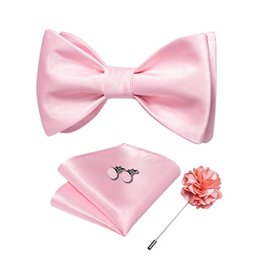 Image of DiBanGu Satin Bow tie Self-Tied Bowtie Set for Men Wedding Prom | Solid Color,Skin-Friendly,Versatile Accessory,Lapel Pin,Pocket Square,Cufflinks,School Dance,Banquet,Dinner,Celebration