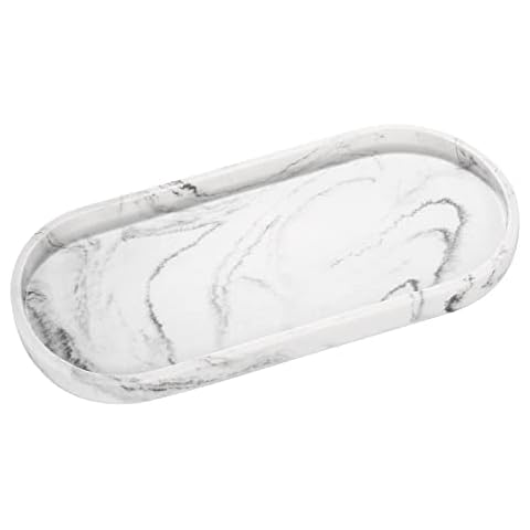 Emibele Bathroom Tray, Resin Oval Vanity Tray Countertop Organizer Toilet Tank Kitchen Tray Decorative Jewelry Storage Tray for Perfume Candles Soap Towel Small Plant Home Decor, M, Gravel White Cover