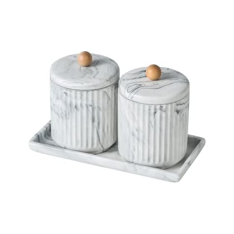 Redelaenor Marble Small Bathroom Jar Set ，Ceramic Cotton Swabs Holder with Lid and Dresser Organizer Set Tray for Storage and Organizing in Bathroom, Dresser, Kitchen, Office Cover