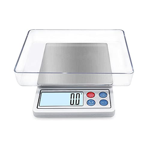 Digital Gram Scale Toprime Mini Size Food Scale 2000g x 0.1g High Precision Pocket Scale with LCD Display and 1 Tray Stainless Steel PCS Convert Unit White