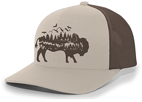 Heritage Pride Mens Buffalo Hat Embroidered Buffalo Mountain Forest Tamarack Mens Mesh Back Trucker Hat Baseball Cap-Khaki/Brown