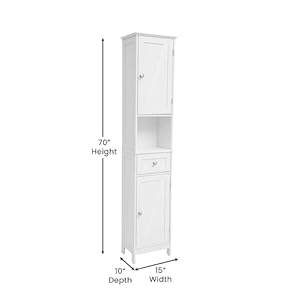 Flash Furniture Dune Farmhouse Bathroom Linen Tower with Double Cabinets and Storage Drawer Adjustable Cabinet Shelves Open Shelf Metal Handles and Hinges White