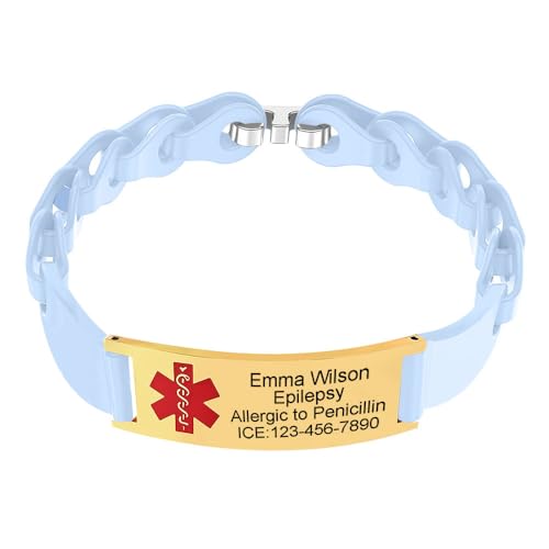 BAIYI HOPE Personalized Medical Alert ID Bracelet for Teens Women Custom Silicone Medic Emergency Identification Wristbands Customizability Blood Disorder Medic Health Alarm Bracelet 6-8in Adjustable
