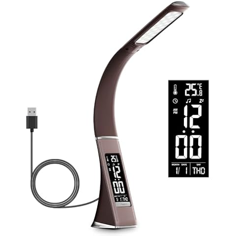 LED Desk Lamp with Clock, Rechargeable Desk Light for Home Office, Portable Light for Study, Bedroom Reading Lamp, Eye-Caring Desk Lamp Wireless with 3 Brightness Levels, Ideal Gift Choice, Brown Cover