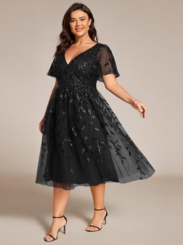 Ever-Pretty Women's V Neck Short Sleeves Embroidery Empire Waist Sequin Plus Size Midi Cocktail Wedding Guest Dresses 2230-DA3