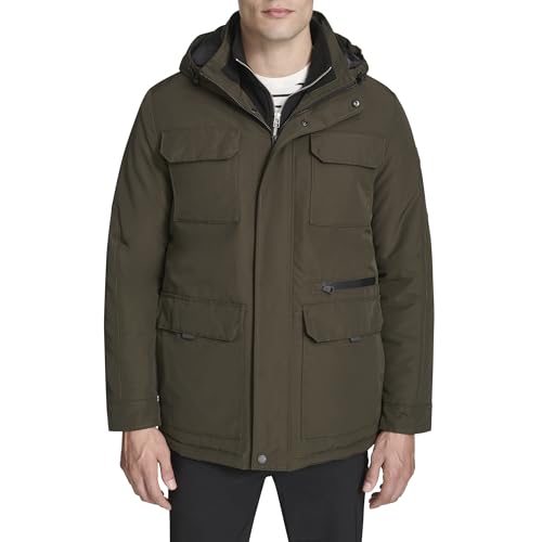Kenneth Cole Men's Oxford Poly Patch Pocket Parka, Olive, Medium