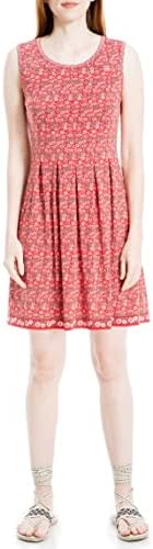 Max Studio Women's Printed Sleeveless Fit and Flare Dress, Baked Apple Daisy Vine, Large