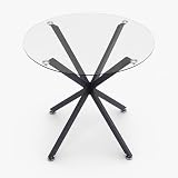 Runder Esstisch 90 cm, Kleiner Glastisch mit Gehärteter Glasplatte und Schwarzen Metallbeinen, Moderner Küchentisch für Küche Esszimmer Wohnzimmer Büro