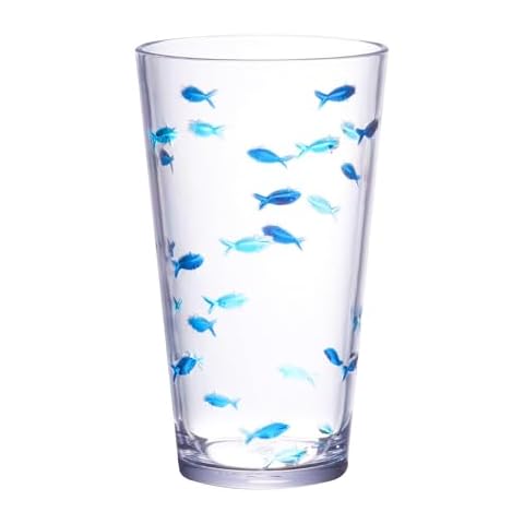 KLIFA- CHARLESTON- 19 oz, Set of 6, Acrylic Fishing Highball, School of Fish Drinking Glasses, BPA-Free, Stackable Plastic Drinkware, Dishwasher Safe Cups, Dark and Light Blue Printing Cover