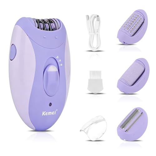 KEMEI 4-in-1 Women’s Hair Epilator, Suitable for Body Hair on the Face, Legs, Arms, Underarms and Bikini Line, 2-Speed Adjustment, Built-in Lighting, USB Charging