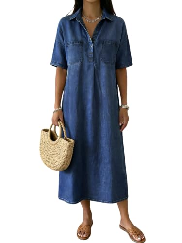 chouyatou Women's Distressed Button Up Denim Polo Shirt Dress Short Sleeve Casual Loose Pleated Jean Midi Long Dress (Large, Dark Blue)