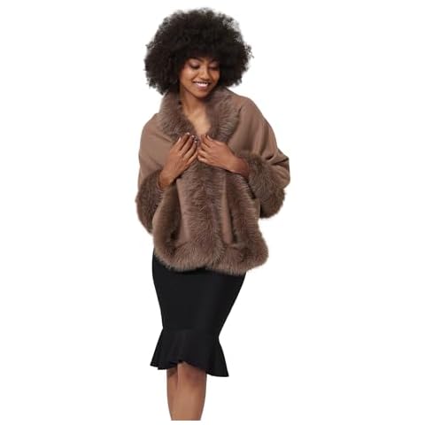 BEAUZSUZSANA Faux Fur Shawl Wrap Women Cape Poncho Cloak with Faux Fur Trim Winter Sleeveless Cardigan Coat for Party Wedding (Khaki,One Size) Cover