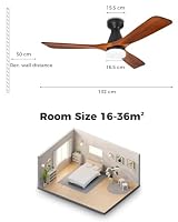 Deckenventilator mit Beleuchtung Fernbedienung, Leise Deckenventilator Leuchte 132CM/52 Zoll, Deckenventilatoren mit Licht für Schlafzimmer Wohnzimmer, 3 Holz Flügeln, Timer, 6 Geschwindigkeiten – Ansicht 6