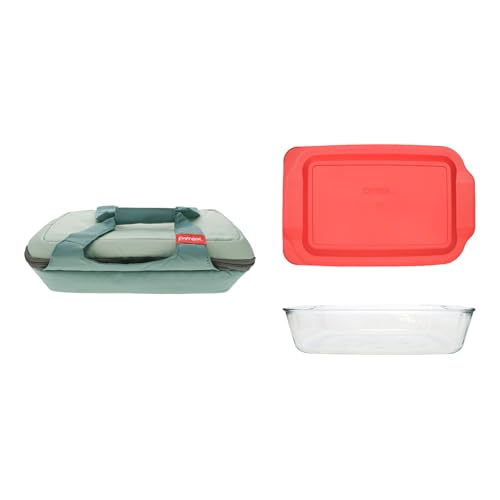 Pyrex 3-Piece 5Qt Portables Set: 233-D Dish 233-PC Lid Sage Green Tote
