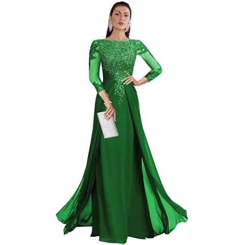 Ternlm Chiffon Mother of Bride Dress for Wedding Floor Length Evening Party Gown for Women Lace Wedding Guest Dress with Pleated Emerald Green Cover