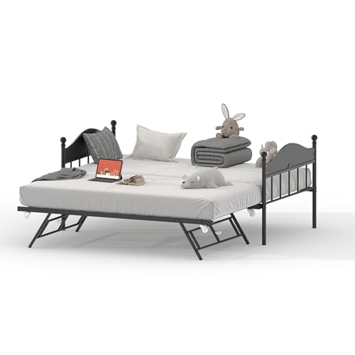 GarveeTech Twin Metal Daybed with Pop-Up Trundle, Heavy Duty Steel Slats Platform Bed with Stylish Headboard, Convertible Sofa Bed Frame for Living Ro