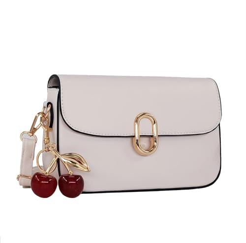Beige Small Compact Classic Square Plain Crossbody Bags for Women with Adjustable Shoulder Strap and Flap Magnet Closure,Trendy Handbags with Cherry Charm Fit in Cellphone,Credit Cards for Daily Life