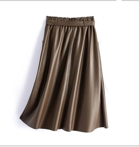 Women Pocket Pu Leather Skirt Elatic Waist A-Line Long Skirt Casual Wth Belts Skirts3