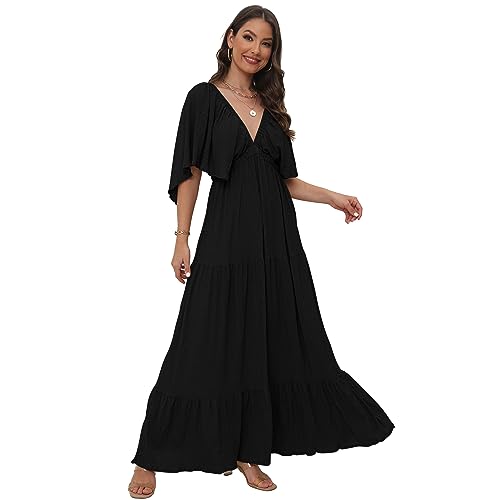 Image of SUNNOW Women's Plus Size Summer Maxi Dress Flowy Loose Fit V-Neck Tiered Ruffle Sleeve Boho Beach Dress
