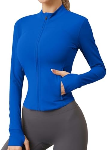 IECCP Damen Sportjacke Laufjacke Langarm Gym Tops Yoga Fitness Sport Oberteile Zwei Reißverschlusstaschen Leicht Trainingsjacke mit Daumenloch