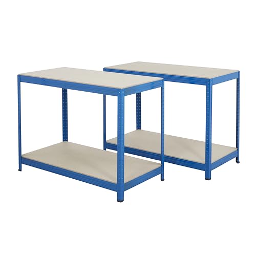 BiGDUG Essentials 2x Industrial Workbench - 900H x 1200W x 600D mm - 2-Tier Blue Steel Chipboard Workstation - Up To 300kg Load Per Level