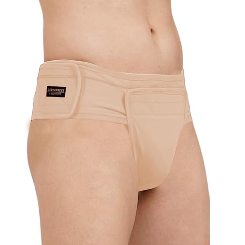 Image of Inguinal Hernia Supporter |HIGH COMPRESSION || Hook & Loop Closure || Scrotum Support || Gym & Daily Use Supporter || Relieve Pain and Swelling || Stretchable || Cotton-Lycra Fabric || Breathable Cotton-Lycra (Beige, XS)