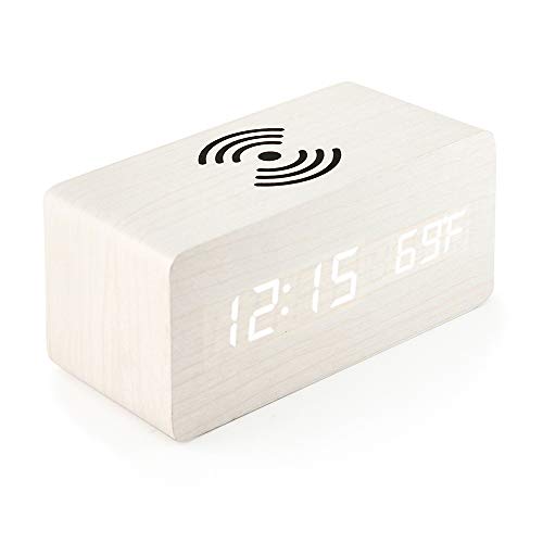 OCT17 Alarm Clock with Qi Wireless Charging Pad Compatible with iPhone Samsung Wood LED Digital Clock Sound Control Function, Time Date, Temperature Display for Bedroom Office Home - White