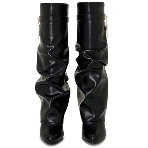 Image of Fold Over Knee High Boots for Women Pointy Pull-on Wedge Heel Knee Shark Boot With Side Zipper Covered Wedge Heel Padlock Boot