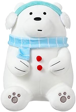 MINISO 10'' We Bare Bears Stuffed Animals Toys, Snow Ice Bear with Earmuff Kawaii Plushies Sleeping Hugging Toys for Girls Boys Kids Toddler Toys for Valentine's Day Winter Christmas Doll Gift