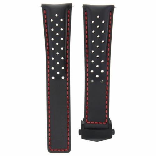 Image of Ewatchparts 22mm Leather Watch Band Strap Compatible With Tag Heuer Carrera Calibre 16 36 Black Red Perforated