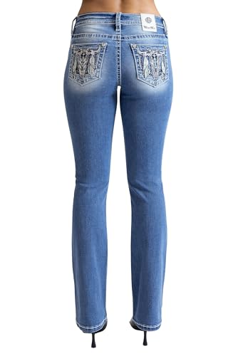 Miss Me Women's Bohemian Cow Head Mid-Rise Bootcut Jeans (Dark