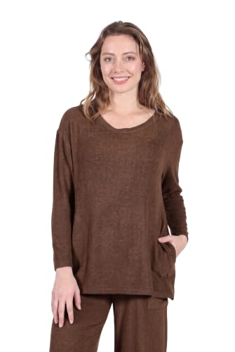 Image of LA CERA Women's Brushed Knit Sweater Top, Long Sleeves, Side Pockets, Round Neck, 80% Rayon, 15% Polyester, 5% Spandex