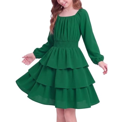HOZIY Girls Fall Long Sleeve Floral Dresses Smocked Waist Square Neck 6-14Y