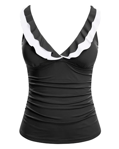Image of Ruffle V Neck Tankini Top Only Women Tummy Control Swimsuit Tank Top | Removable cups for custom bust lift, Blend soft spandex to stretch easily
