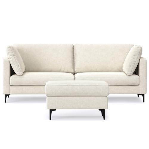 SIMPLIHOME Ava Sofa and Ottoman in 100% Recycled Polyester Performance Fabric, Cream, 90-inch-wide 3-Seater Couch and Matching 36-inch-wide Table Ottoman for Living Room, 2-Piece Set